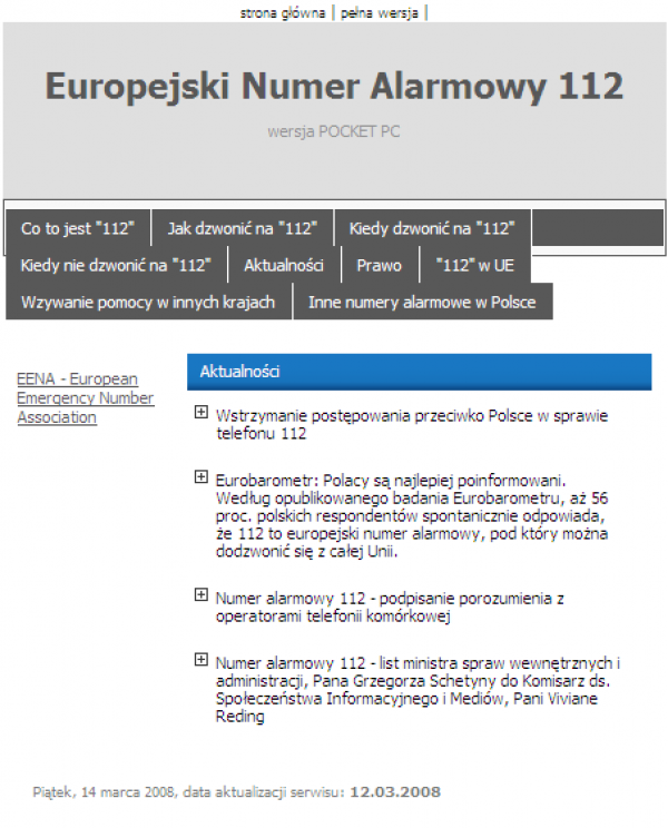 Witryna dla PDA poświęcona numerowi alarmowemu 112