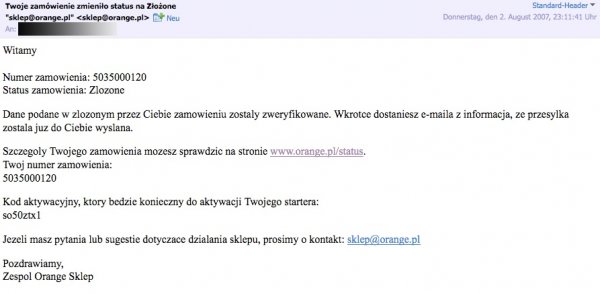 mail informujący o zmianie statusu zam&oacute;wienia w Orange z sierpnia 2007