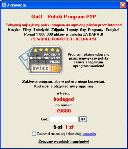 Nieuczciwa informacja o cenie SMS-a w oknie programu GoD