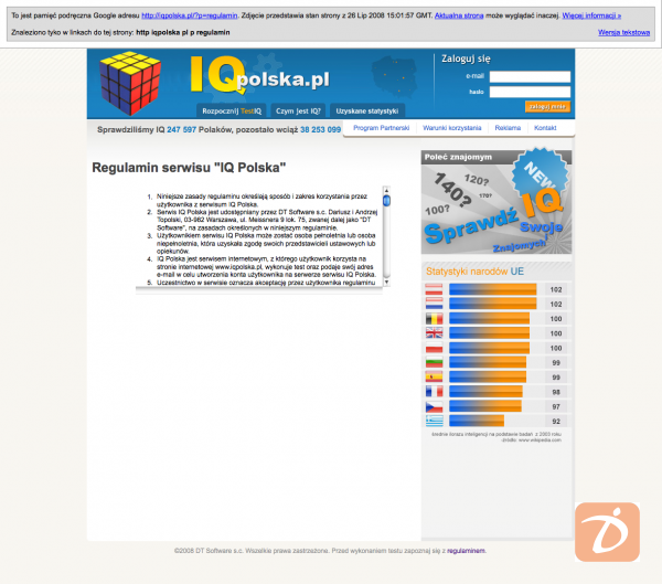 regulamin iqpolska.pl z cache Google z 26 lipca br. - brak informacji o koszcie SMS-a w stopce