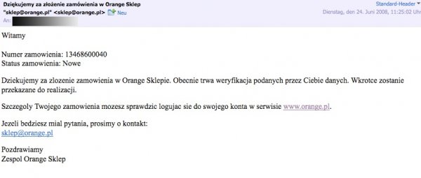 mail z potwierdzeniem zam&oacute;wienia w Orange