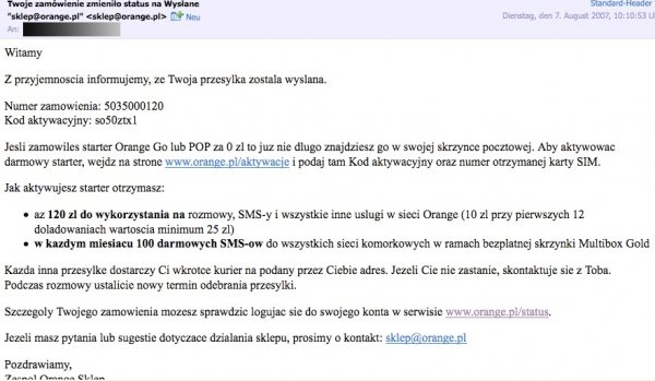 mail informujący o wysyłce zam&oacute;wienia w Orange z sierpnia 2007